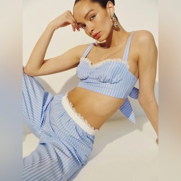 NEW Reformation Pippa Two Piece Set Top Pants Sky Blue Stripe | US 0 UK 4 - Picture 2 of 16